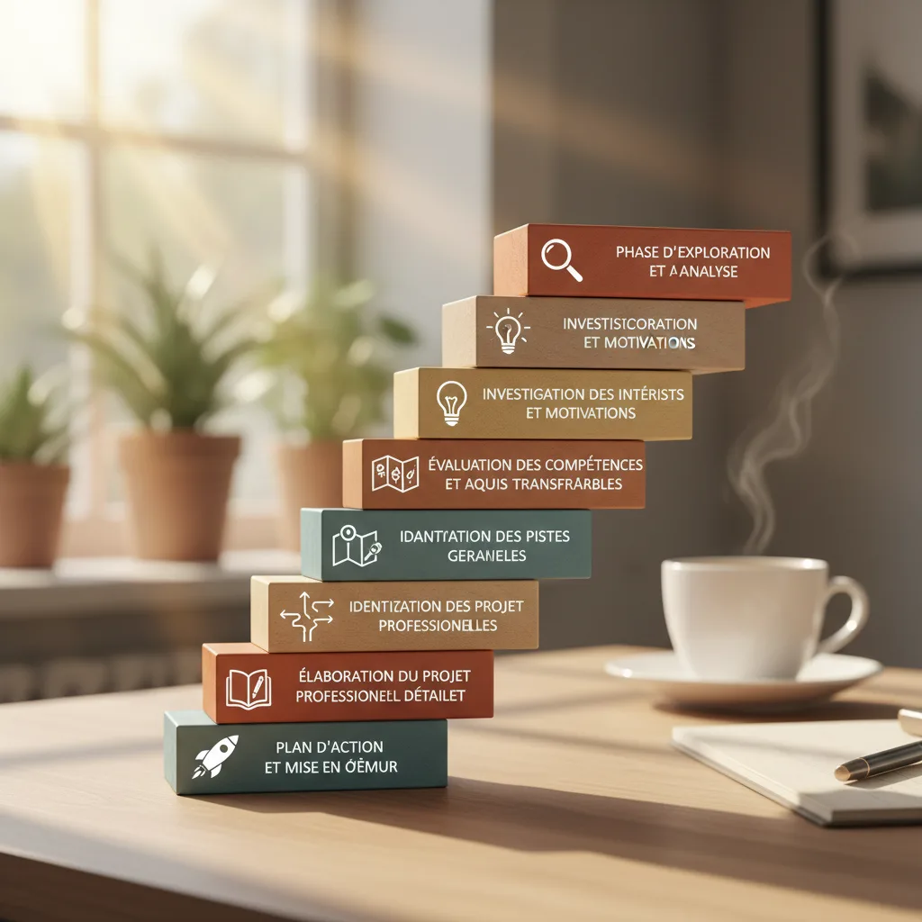 Les étapes du bilan de compétences : afficher une image avec des étapes type projet waterfall